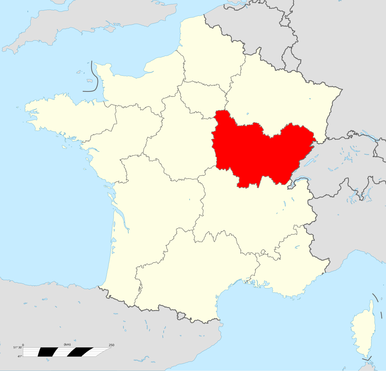 Carte administrative représentant la future région Bourgogne-Franche-Comté sur une carte de France métropolitaine - © Superbenjamin